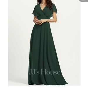 A-Line Floor Length Bridesmaid Dress, Short Sleeve V-Neck, Forest/Emerald Green